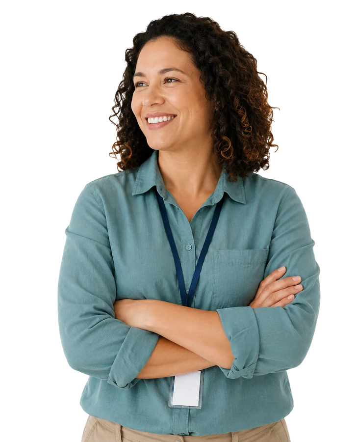 A smiling community organization staff member with arms crossed